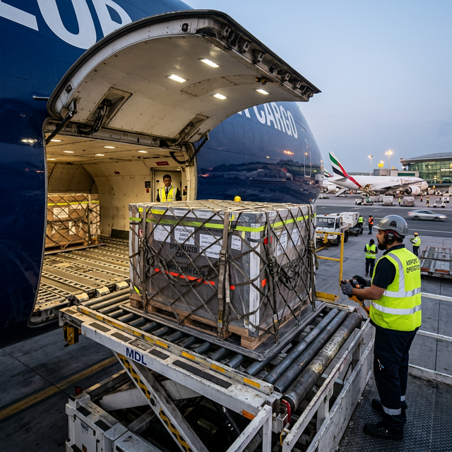 Close-up action shot of loading specialized cargo pallets onto the lower deck of a commercial cargo aircraft